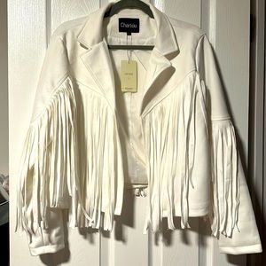 White fringe faux-suede cropped jacket